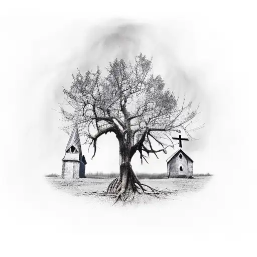 Broken Down Church With Dead Trees Around It