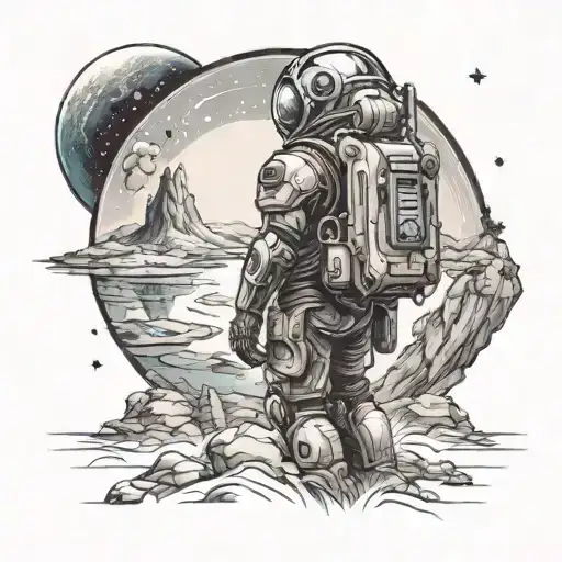 Space Warrior Looking At Alien Planet On Rockey Island