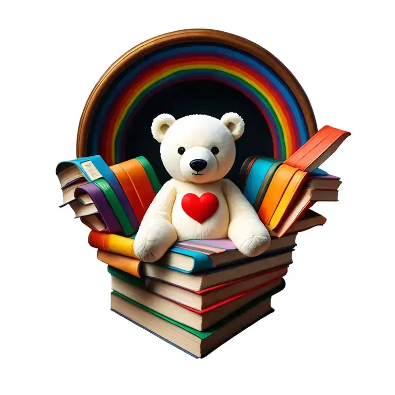 Stuffed Animal Polar Bear Sitting In A Pule Of Books In Rainbow Colors Red Heart Sewn Onto His Chest