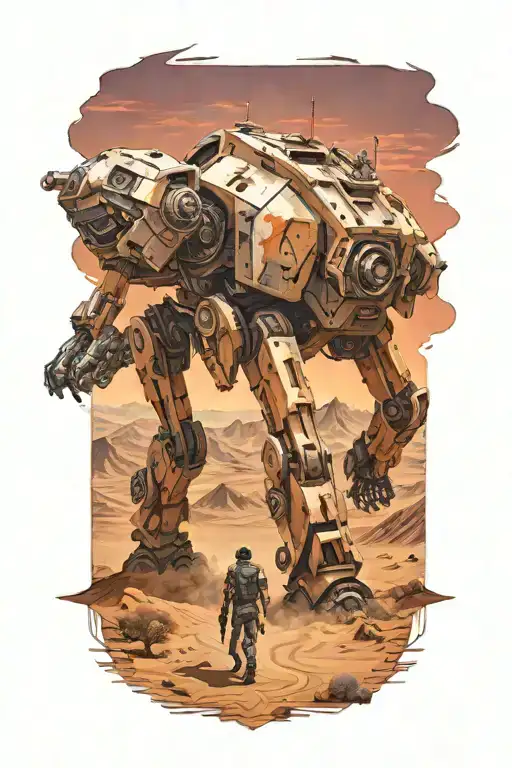 Wounded Mech Walking In Desert Landscape