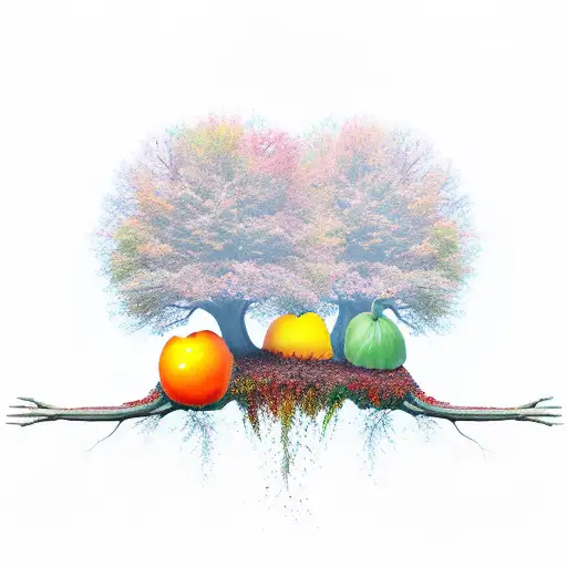 Autumn Coloured Rooted Tree With Unreal Fruits