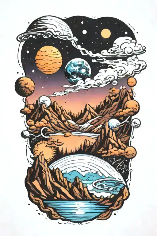 Mountains Leading Into Space With Planets