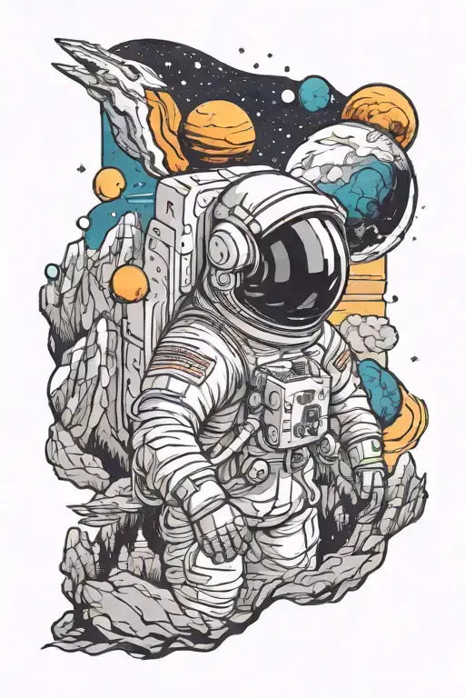 Astronaut Looking At Mountains Leading Into Space With Planets