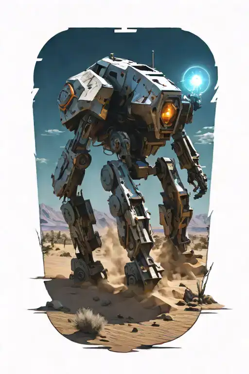 Wounded Mech Walking In Desert Landscape