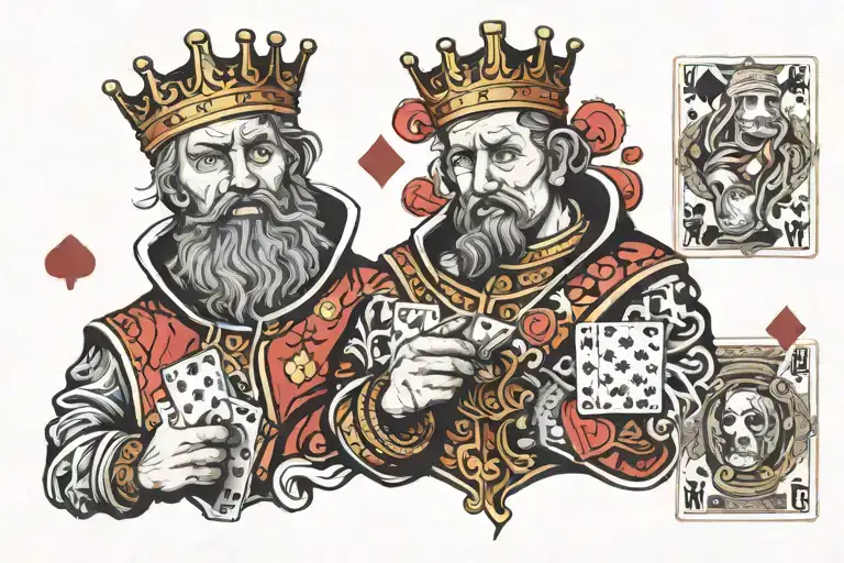 A New-school Design Of A Stylized King And 9 Of Playing Cards Intertwined With Poker Chips And Dice