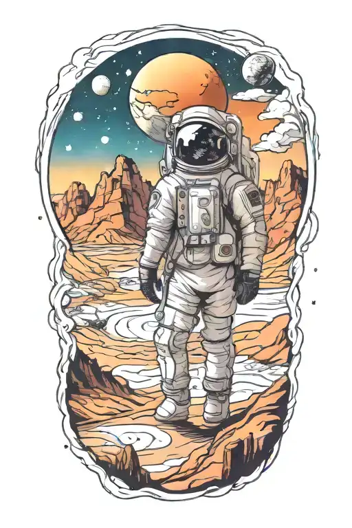 Astronaut Looking At Mountains Leading Into Space With Planets