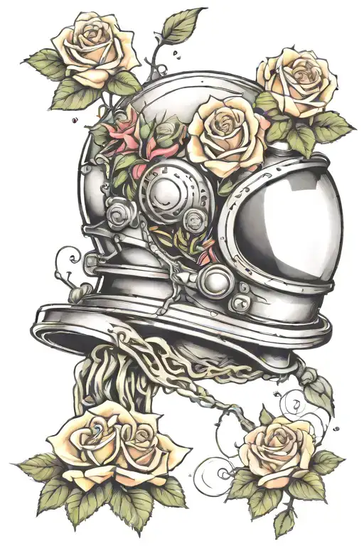 Space Helmet And Roses Surrounding