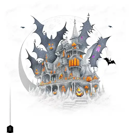 Bats With Halloween Trees And Haunted House With Moon