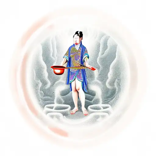 Old Chinese Goddess Of Oblivion Serving Soup Of Oblivion To Underworld Souls