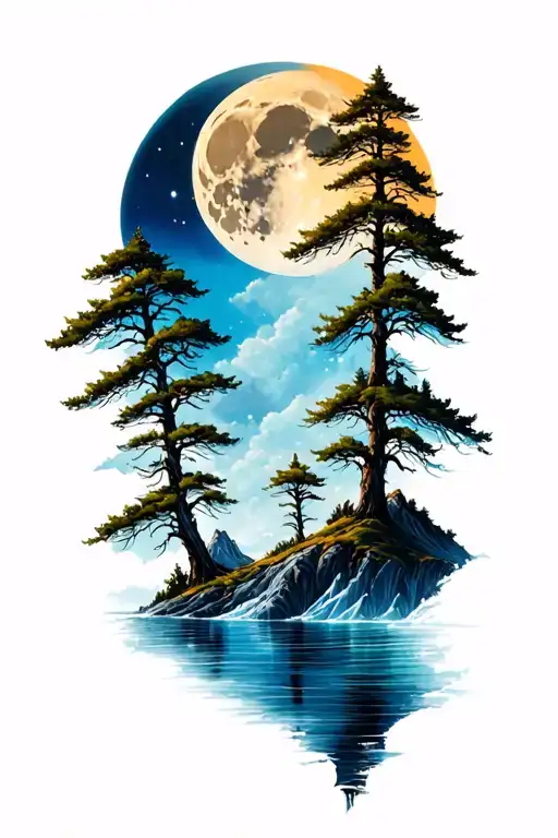 Mountains Realistic Trees Sea Moon Cool Masculine