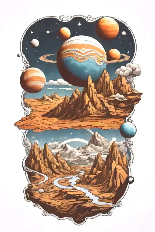 Mountains Leading Into Space With Planets