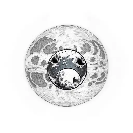 Dragon With A Red Sun Over His Head And Moon Below His Tail