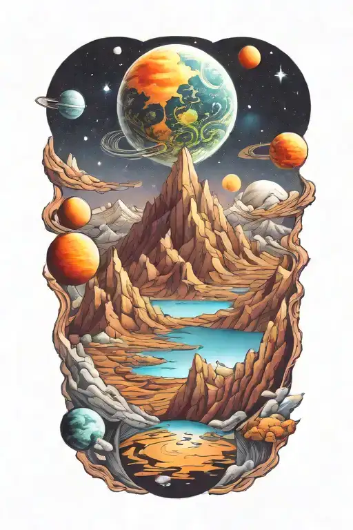 Mountains Leading Into Space With Planets