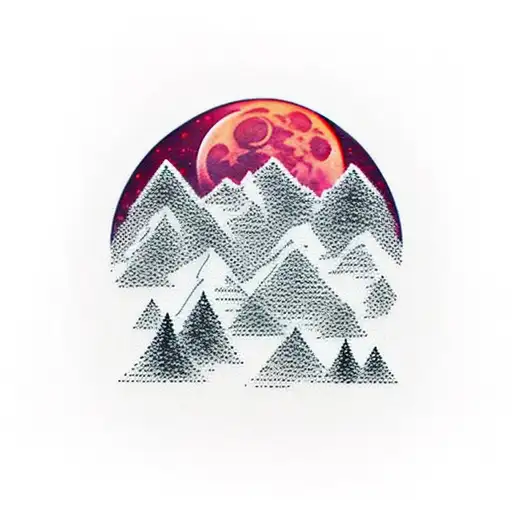 Trees With Mountains In The Background Under A Blood Moon