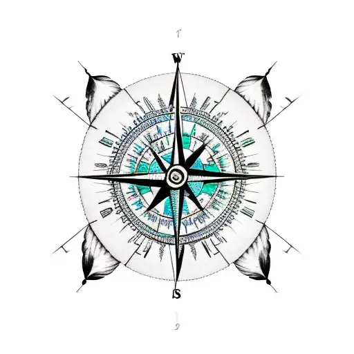 Compass Inside A Dream Catcher With Arrows Pointing Up And Feathers