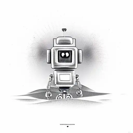 Robot In Desert Using Orange And Black And White