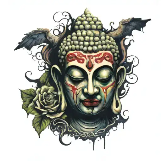 Hindu Buddha With Half Faced As A Scary Zombie Girl All Bloody