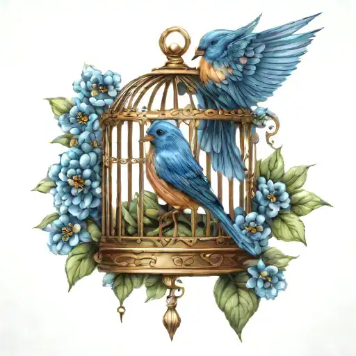 A Blue Bird In A Cage With Blue Flowers