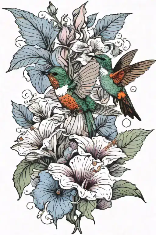Humming Bird And Morning Glory Flowers