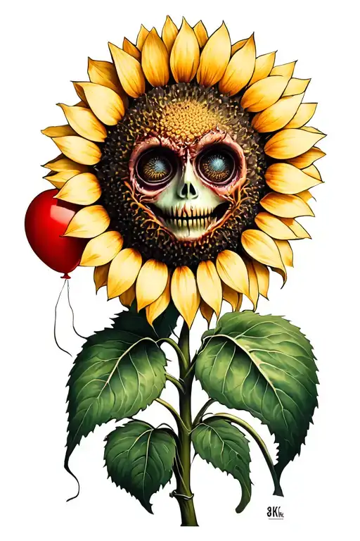 Creepy Sunflower With Face Holding A Red Balloon