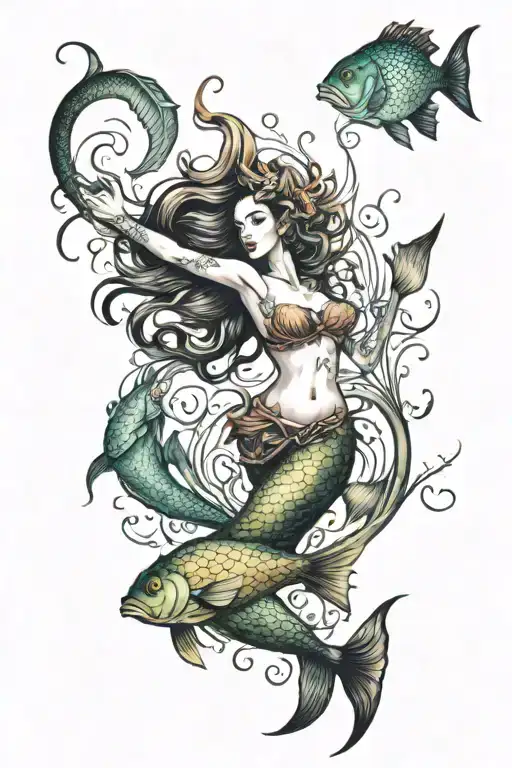 Mermaid And Fish Swimming
