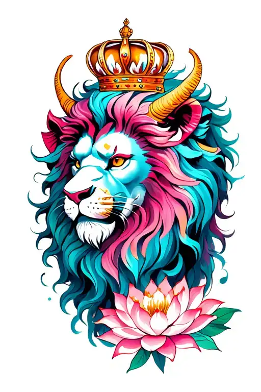 Colored Demon Lion With Crown By Lotus Flower