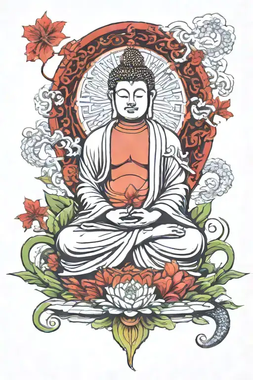 Lucky Buddha Meditating Surrounded By Japanese Dragon With Asian And Hawaiian Patterns