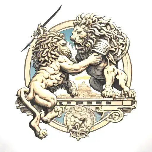 Gladiator Fighting Lion In Colosseum