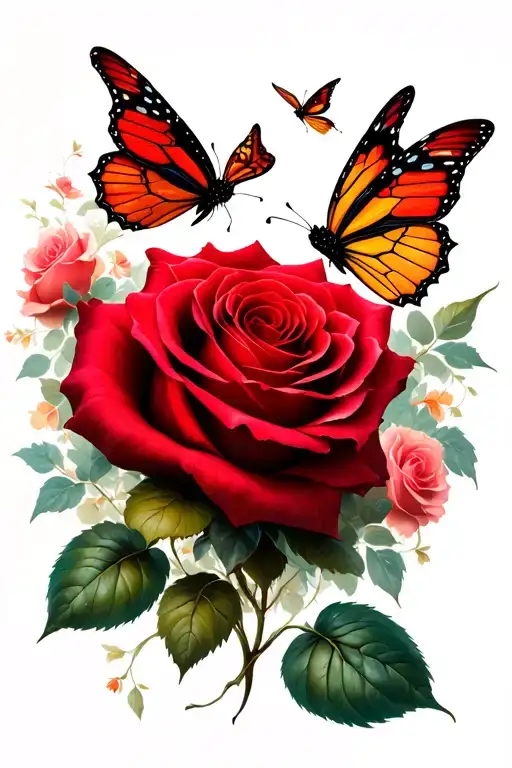 Red Rose And Butterfly Flying
