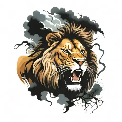 A Powerful Lion Roaring Amidst A Tempestuous Storm