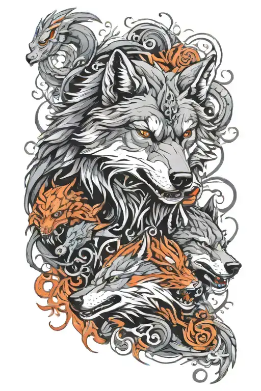 Wolf Surrounded Ninja And Dragon