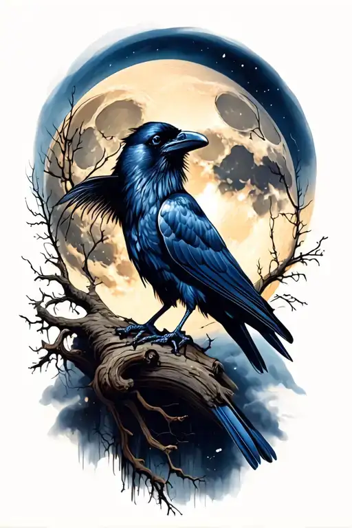 Raven Perched In Front Of A Moon