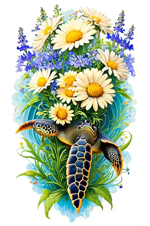 Sea Turtle With Daisies Larkspur And Chrysanthemum On The Shell