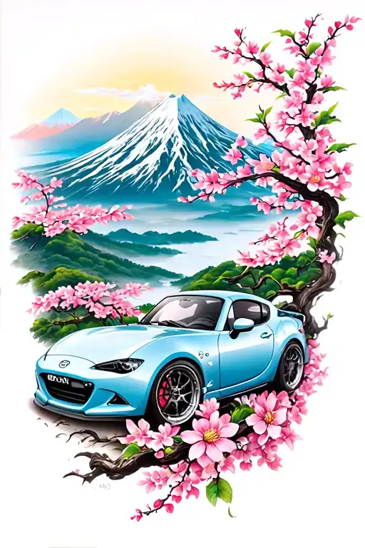Tattoo Sleeve With Na Miata With A Mountain Backround With Sakura Flowers And Wind Filler