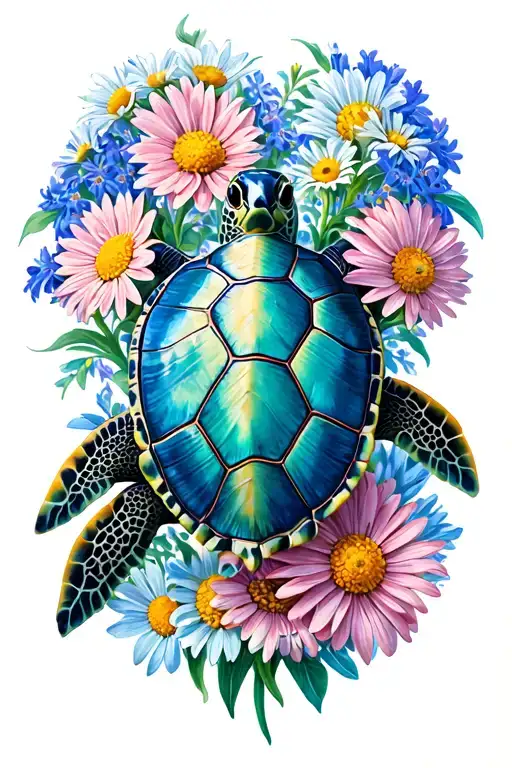 Sea Turtle With Shell Made Of Daisies Larkspur And Chrysanthemum