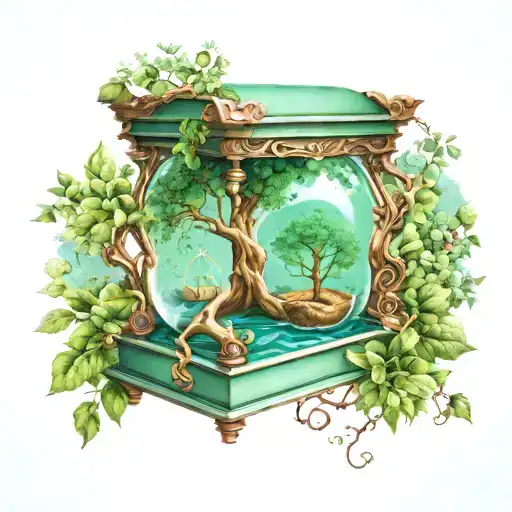 An Hourglass With The Tree Of Life On Top Pouring Over A Light Green Casket At The Bottom