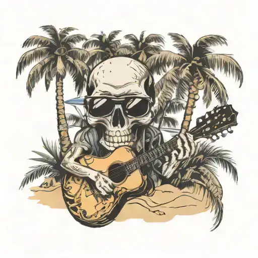 A Beach Scene With A Skull Wearing Sunglasses Playing A Guitar Under A Palm Tree