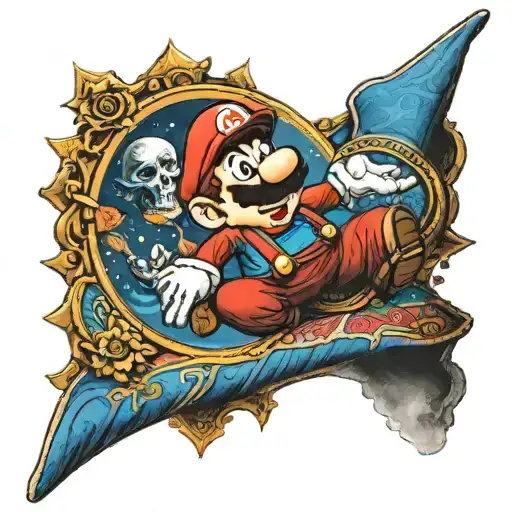 Super Mario Wearing A Day Of The Dead Mask On A Flying Carpet