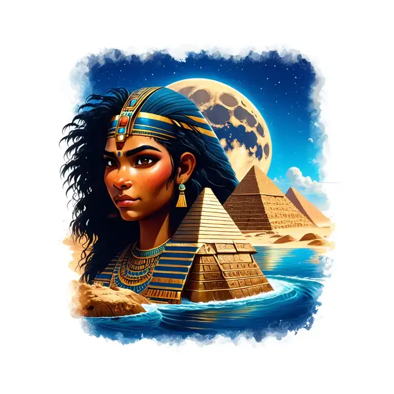 Moana And Egypt Pyramid Moon Desert River