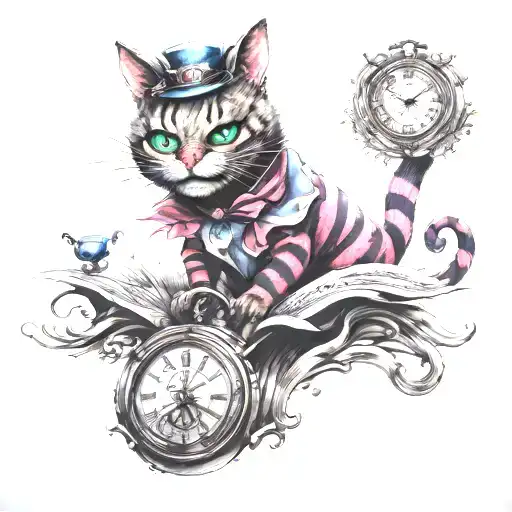 Punk-inspired Alice In Wonderland Tattoo Featuring A Rebellious Cheshire Cat