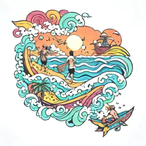 A Psychedelic Beach Scene With Friends Flying In Waves Made Of Trippy Patterns