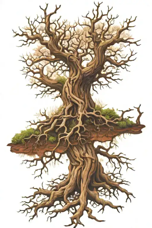 Mess Of Twisted Tree Roots And Branches Coming From A Bare Oak Tree With A Triskele In The Centre