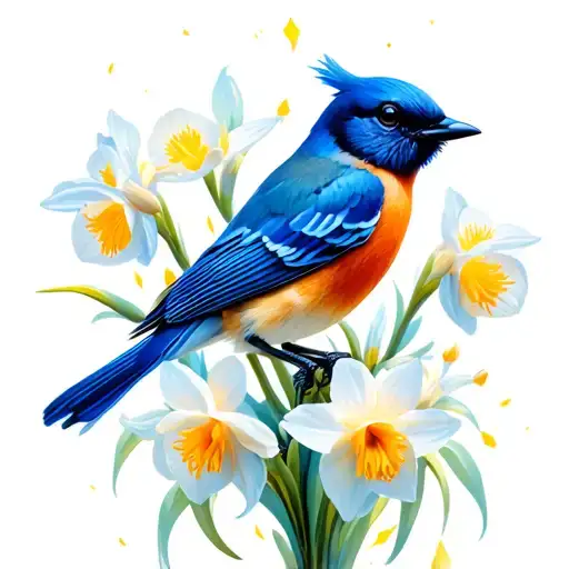 Blue Bird And Narcissus Flower