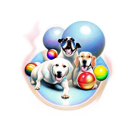 A Group Of Dogs Bowling With Rainbow-colored Bowling Balls
