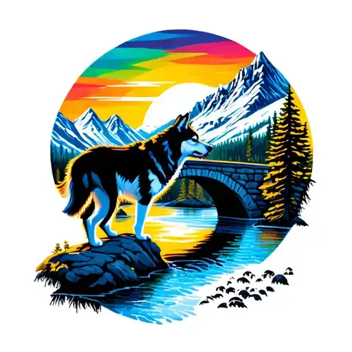 Husky Silhouette Crossing The Rainbow Bridge Over A Mountain Stream