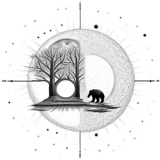Tree Under A Sun And Moon With A Bear Beneath