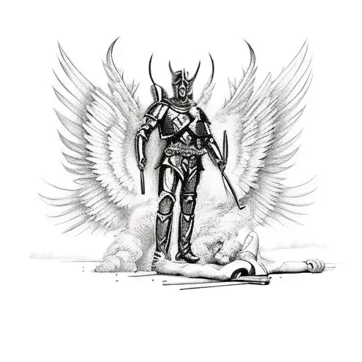 Archangel Michael Killing Lucifer With A War Background