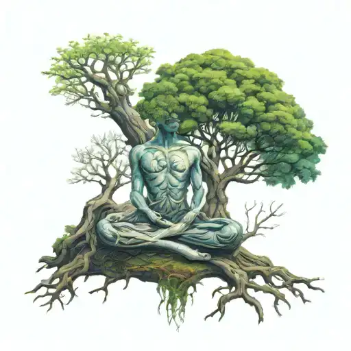 Peaceful Extraterrestial Meditating And Turning Into A Tree With Roots In Ground