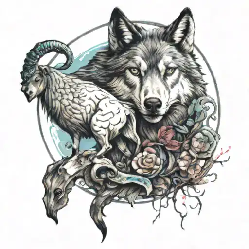 Illustrate A Lone Wolf Incorporating A Goat And 2 Fishes Into The Wolf