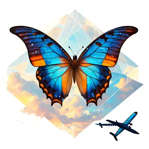 Butterfly And A Airplane Flying In The Sky Filled Geometric Pattern Resembling